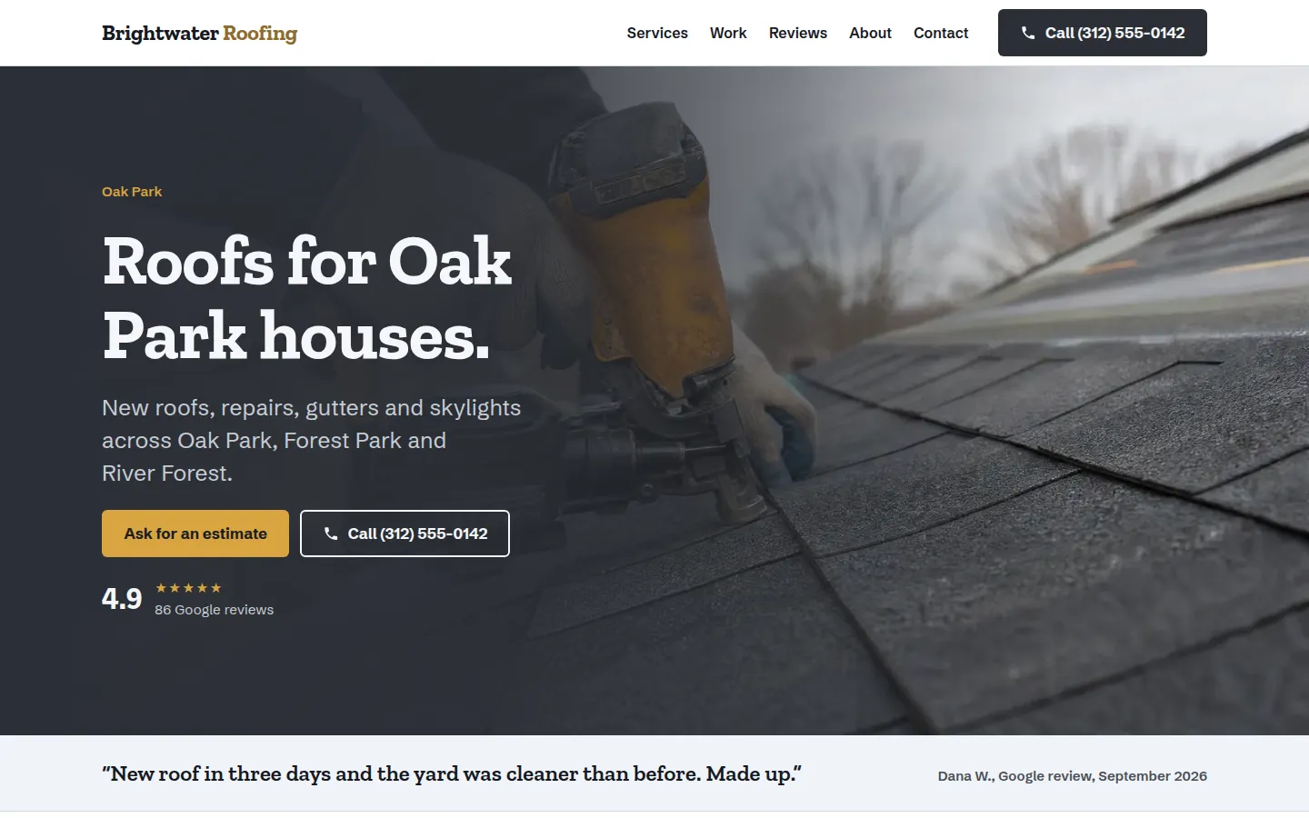 Brightwater Roofing sample site on a laptop: the home page with a photo of the work and the main action.