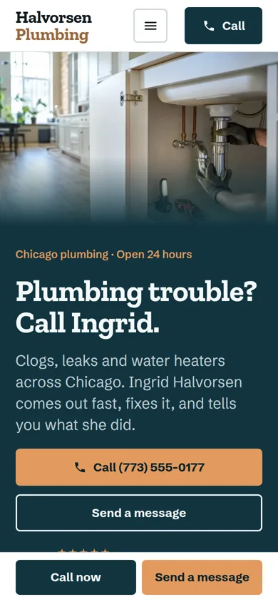 The same sample site on a phone, with the phone number and a call button at the top of the page.