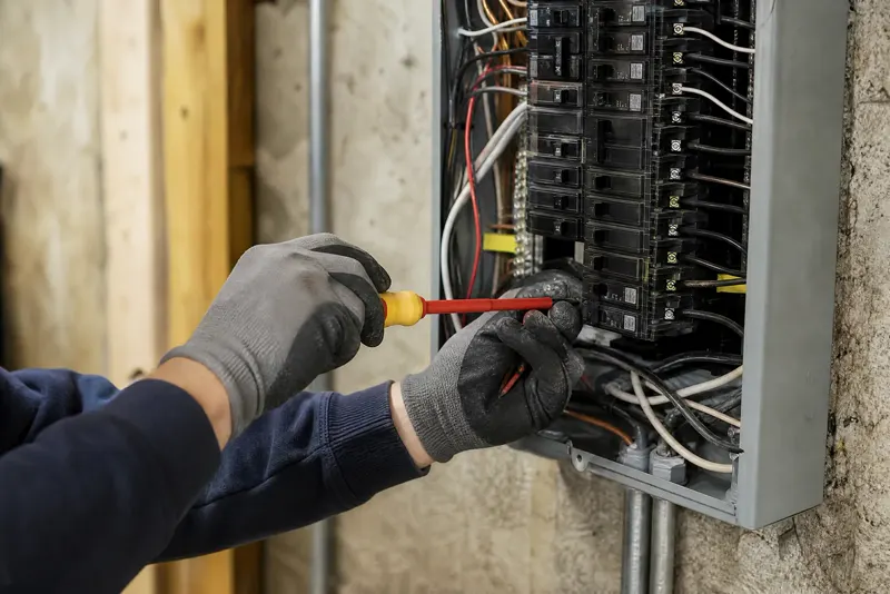 An electrician working inside an open breaker panel with a screwdriver.