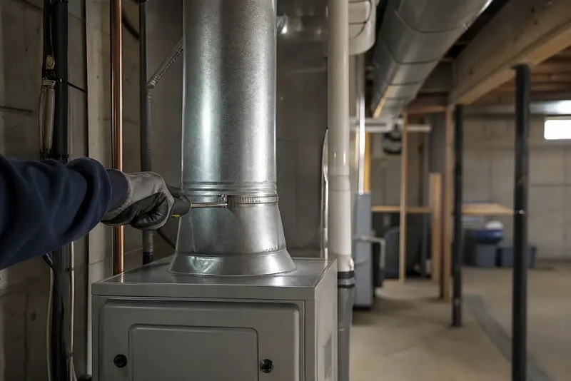 A gloved hand sealing the flue pipe on a basement furnace.