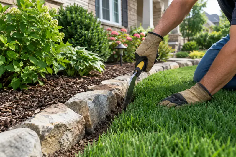 Gloved hands edging a lawn along a stone garden bed.