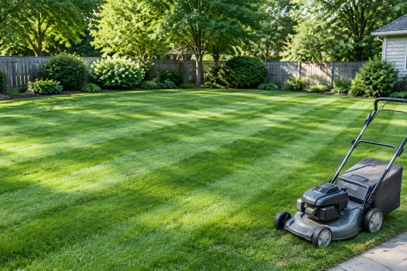 A freshly mowed striped backyard lawn with a gray push mower on it.