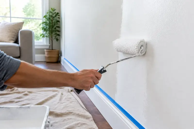 A hand rolling white paint on a wall above a line of blue painter's tape.
