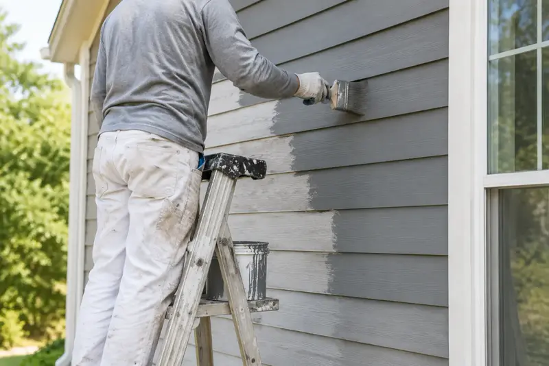 A painter on a ladder painting gray wooden siding, seen from behind.
