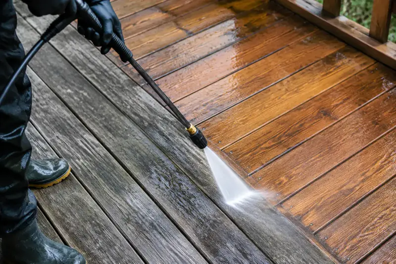 A pressure washer cleaning a weathered wooden deck, with half of it clean.