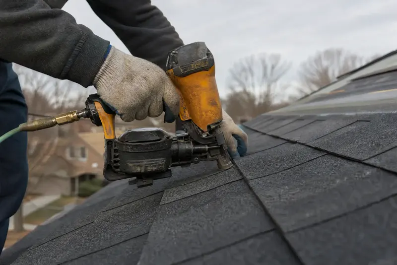 A roofer nailing shingles on a roof with a pneumatic nailer.