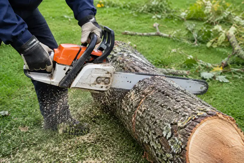 Gloved hands cutting a fallen trunk with a chainsaw.